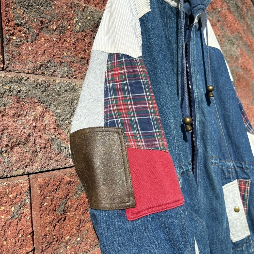 VINTAGE COAT Womens Large Denim Corduroy Patchwork 90s Outerwear Festival Travel